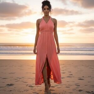 Azucar Casual Tropical Wear Coral Rayon Crochet Lace Racerback Maxi Dress